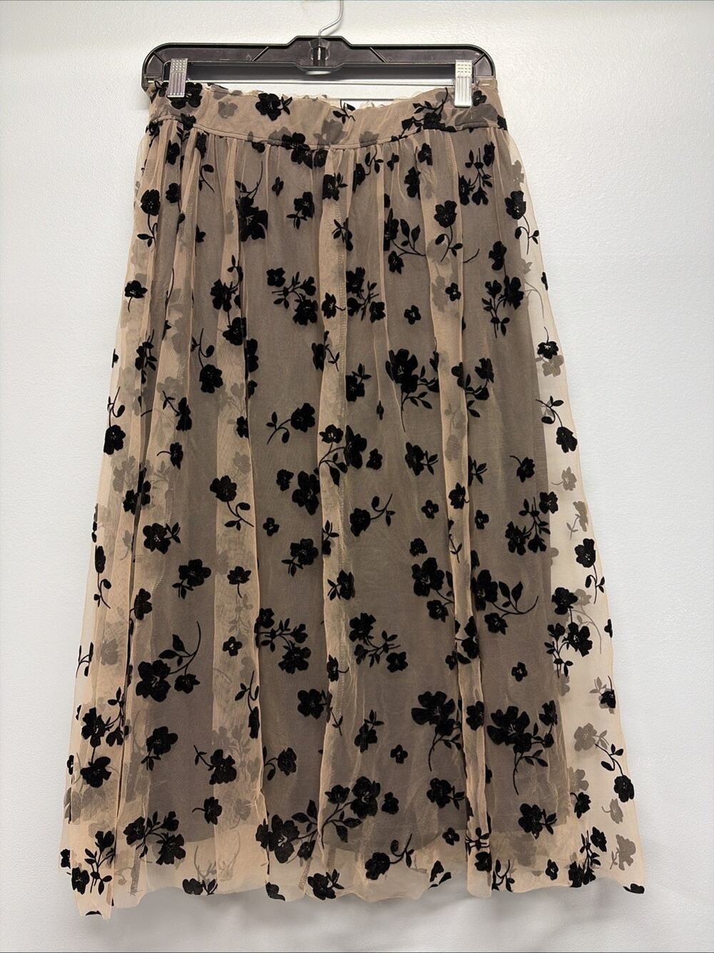 Cato Women’s Small Lined Pull On Tulle Midi Skirt Black Flocked Velvet Flowers
